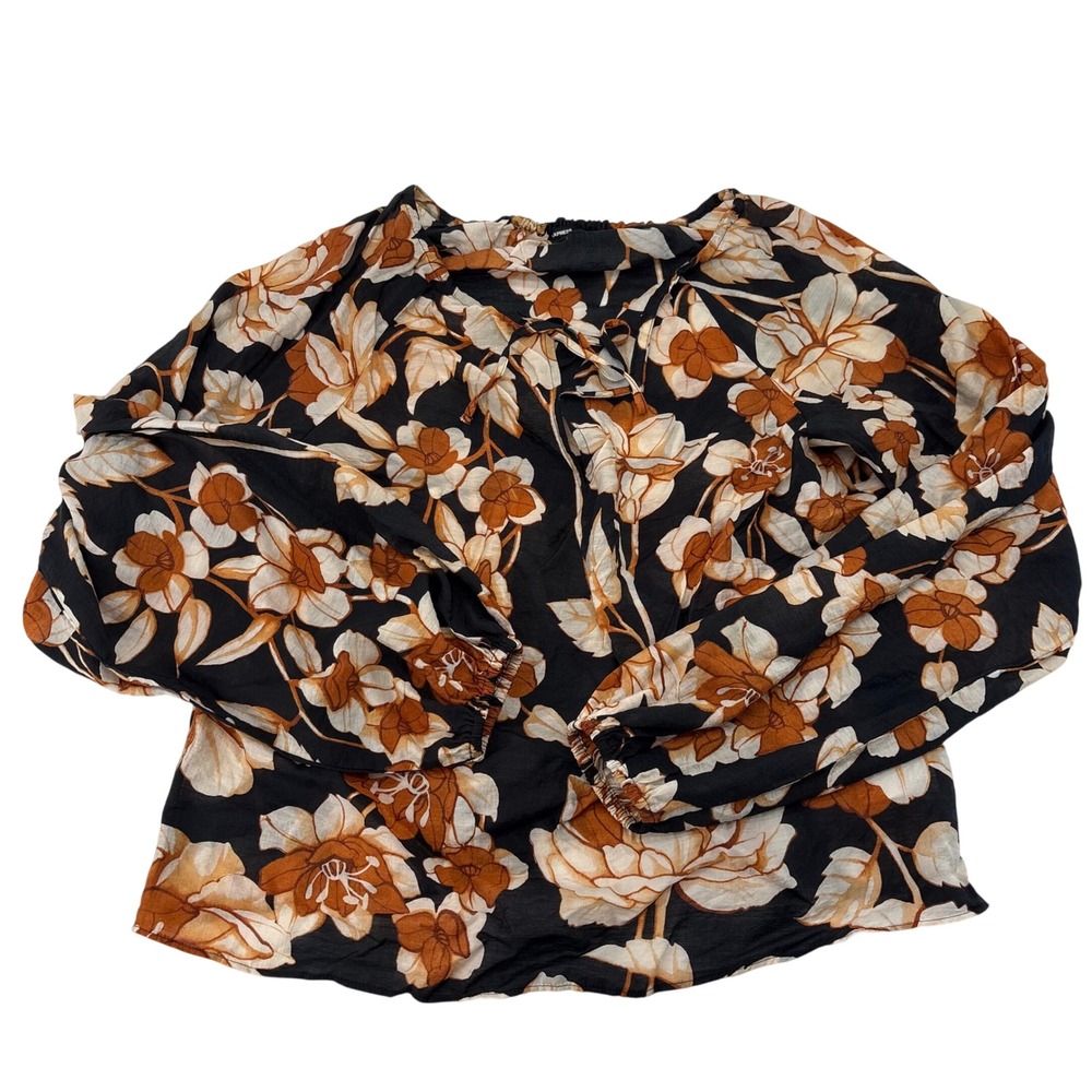 Express Womens Black Brown Floral Lyocell Blend Long Sleeve Tie Neck Blouse M